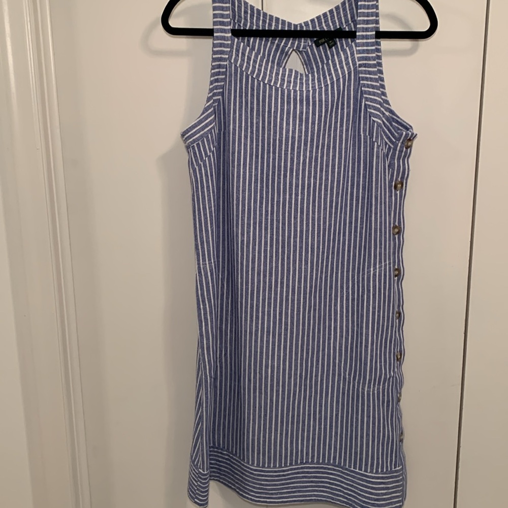 For Cynthia Striped Shift Linen Button Dress Blue White Beach Summer Size Medium